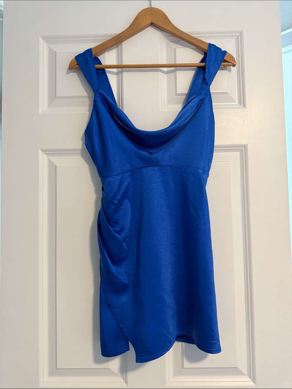 Blue Satin Cowl Neck Mini Dress